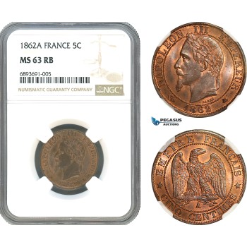 AJ978, France, Napoleon III, 5 Centimes 1862 A, Paris Mint, NGC MS63RB