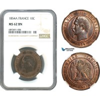 AJ979, France, Napoleon III, 10 Centimes 1854 A, Paris Mint, NGC MS62BN