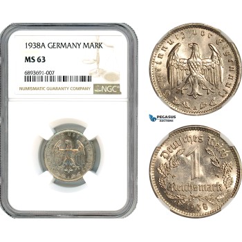 AJ980, Germany, Third Reich, 1 Reichsmark 1938 A, Berlin Mint, NGC MS63