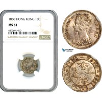 AJ983, Hong Kong, Victoria, 10 Cents 1888, London Mint, Silver, NGC MS61