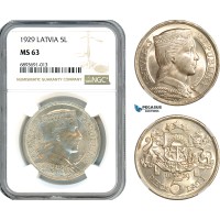 AJ986, Latvia, 5 Lati 1929, London Mint, Silver, NGC MS63