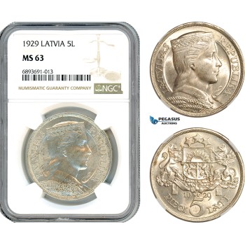 AJ986, Latvia, 5 Lati 1929, London Mint, Silver, NGC MS63