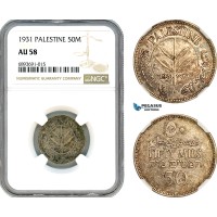 AJ987, Palestine, 50 Mils 1931, London Mint, Silver, NGC AU58