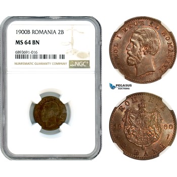 AJ988, Romania, Carol I, 2 Bani 1900 B, Bucharest Mint, NGC MS64BN