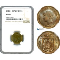 AJ989, Romania, Mihai I, 5 Lei 1930 H, Heaton Mint, NGC MS61