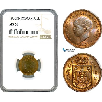 AJ990, Romania, Mihai I, 5 Lei 1930 KN, Kings Norton Mint, NGC MS65