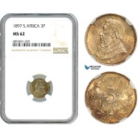 AJ992, South Africa (ZAR) Threepence (3P) 1897, Pretoria Mint, Silver, NGC MS62