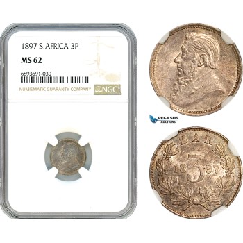 AJ993, South Africa (ZAR) Threepence (3P) 1897, Pretoria Mint, Silver, NGC MS62