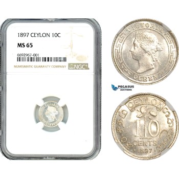 AK001, Ceylon, Victoria, 10 Cents 1897, London Mint, Silver, NGC MS65