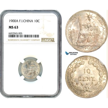 AK002, French Indo-China, 10 Centimes 1900 A, Paris Mint, Silver, NGC MS63