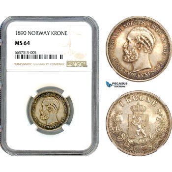 AK007, Norway, Oscar II, 1 Krone 1890, Kongsberg Mint, Silver, NGC MS64, Pop 1/0