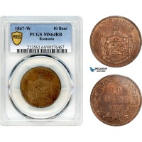 AK008, Romania, Carol I, 10 Bani 1867 Watt&Co, Birmingham Mint, PCGS MS64RB, Top Pop! Rare!