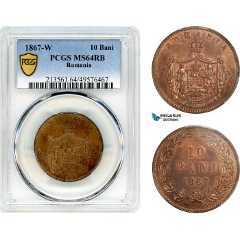 AK008, Romania, Carol I, 10 Bani 1867 Watt&Co, Birmingham Mint, PCGS MS64RB, Top Pop! Rare!