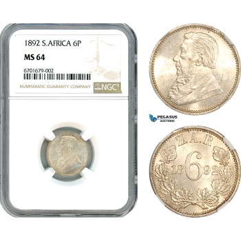 AK009, South Africa (ZAR) Sixpence (6 Pence) 1892, Silver, NGC MS64