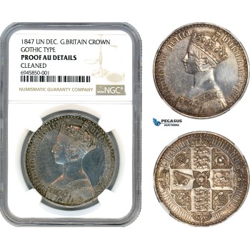 AK016, Great Britain, Victoria, 1 Crown 1847, Gothic Type, Un Decimo Edge, Royal Mint, Silver, NGC Proof AU Details