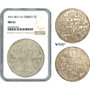 AK017, Ottoman Empire, Turkey, Abdülhamid I, 2 Zolota AH1187//16, Islambul Mint, Silver, NGC MS61