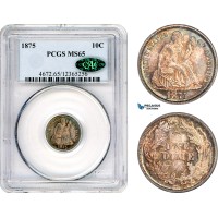 AK018, United States, Liberty Seated Dime (10c) 1875, Philadelphia Mint, PCGS MS65, CAC Approved 