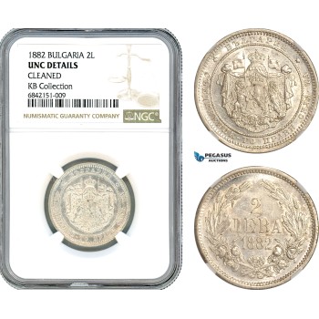 AK021, Bulgaria, Alexander, 2 Leva 1882, St. Petersburg Mint, Silver, NGC UNC Details, KB Collection