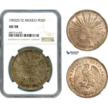 AK038, Mexico, 1 Peso 1903 ZS FZ, Zacatecas Mint, Silver, NGC AU58