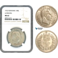 AK041, Romania, Carol II, 100 Lei 1932, London Mint, Silver, NGC MS62