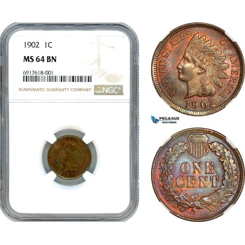 AK044, United States, Indian Head Cent 1902, Philadelphia Mint, NGC MS64BN