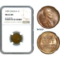 AK045, United States, Lincoln Cent 1909, Philadelphia Mint, NGC MS63BN