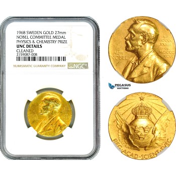 AK049, Sweden, Alfred Nobel, 1968 Gold Medal, Physics & Chemistry Prize, Nobel Committee, NGC UNC Details