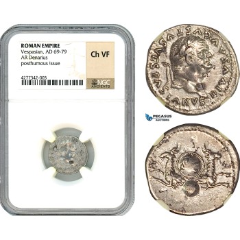 AK060, Roman Empire, Divus Vespasian (69-79 AD) AR Denarius (3.09g) Struck under Titus, Rome, 80-81 AD, Capricorns, NGC Ch VF