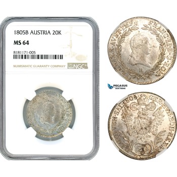 AK061, Austria, Franz II, 20 Kreuzer 1805­ B, Kremnitz Mint, Silver, NGC MS64, Pop 1/0