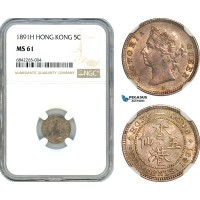 AK070, Hong Kong, Victoria, 5 Cents 1891 H, Heaton Mint, Silver, NGC MS61