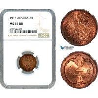 AK087, Austria, Franz Joseph, 2 Heller 1913, NGC MS65RB, Pop 1/0