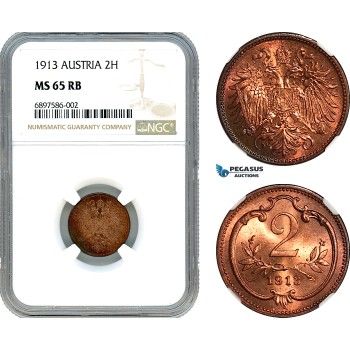 AK087, Austria, Franz Joseph, 2 Heller 1913, NGC MS65RB, Pop 1/0