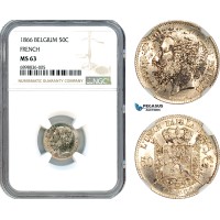 AK088, Belgium, Leopold II, 50 Centimes 1866, French text, Brussels Mint, Silver, NGC MS63