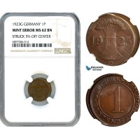 AK093, Germany, Weimar, 1 Rentenpfennig 1923 G, Karlsruhe Mint, Mint Error, NGC MS62