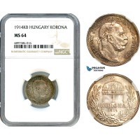 AK098, Hungary, Franz Joseph, 1 Korona 1914 KB, Kremnitz Mint, Silver, NGC MS64