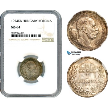 AK098, Hungary, Franz Joseph, 1 Korona 1914 KB, Kremnitz Mint, Silver, NGC MS64