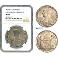 AK099, Hungary, Miklos Horthy, 5 Pengo 1939 BP, Budapest Mint, Silver, NGC MS63