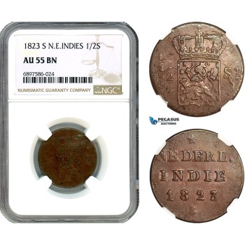 AK100, Netherlands East Indies, 1/2 Stuiver 1823 S, Utrecht Mint, NGC AU55BN, Pop 1/1