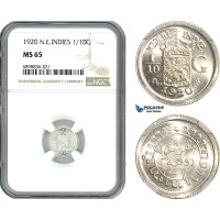 AK101, Netherlands East Indies, Wilhelmina, 1/10 Gulden 1920, Utrecht Mint, Silver, NGC MS65