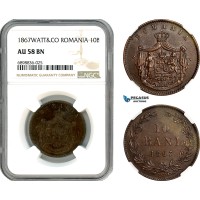 AK104, Romania, Carol I, 10 Bani 1867 Watt&Co, Birmingham Mint,NGC AU58BN