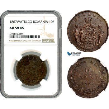 AK104, Romania, Carol I, 10 Bani 1867 Watt&Co, Birmingham Mint,NGC AU58BN