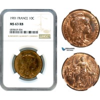 AK114, France, Third Republic, 10 Centimes 1901, Paris Mint, NGC MS63RB