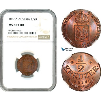 AK130, Austria, Franz II, 1/2 Kreuzer 1816 A, Vienna Mint, NGC MS65+RB, Top Pop, Single finest!