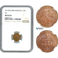 AK131, Morocco, Moulay al-Hasan I, 1/4 Falus AH1306 (1888) Fes, NGC MS62BN