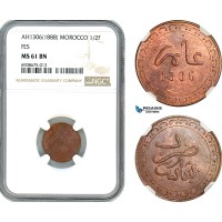 AK132, Morocco, Moulay al-Hasan I, 1/2 Falus AH1306 (1888) Fes, NGC MS61BN