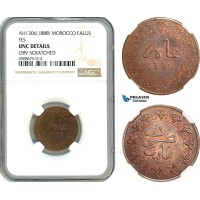 AK133, Morocco, Moulay al-Hasan I, 1 Falus AH1306 (1888) Fes, NGC UNC Det.