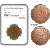 AK134, Morocco, Moulay al-Hasan I, 2 Falus AH1306 (1888) Fes, NGC MS63BN