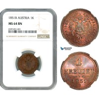 AK135, Austria, Franz Joseph, 1 Kreuzer 1851 B, Kremnitz Mint, NGC MS64BN