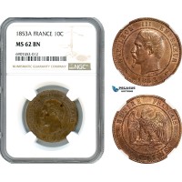 AK138, France, Napoleon III, 10 Centimes 1853 A, Paris Mint, NGC MS62BN