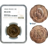 AK139, France, Napoleon III, 10 Centimes 1854 A, Paris Mint, NGC MS62BN